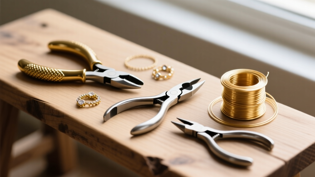 Flat lay of jewelry tools including round nose pliers, flush cutters, and spools of 20 gauge gold filled wire on a wooden bench