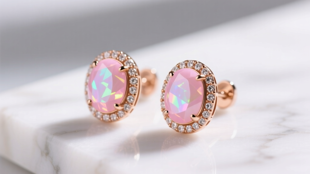 Macro shot of 14k rose gold studs with bezel-set pink opal cabochons on white marble under soft light, showing pastel pink hues.