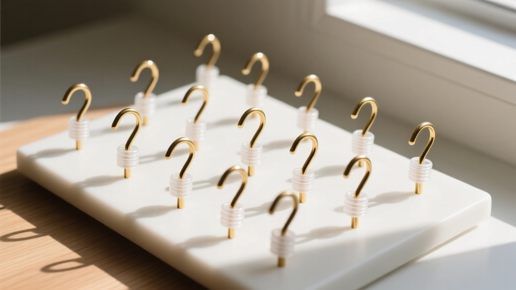 Overhead view of a DIY jewelry holder showing spaced brass hooks wrapped in clear silicone tubing to prevent necklace slipping.