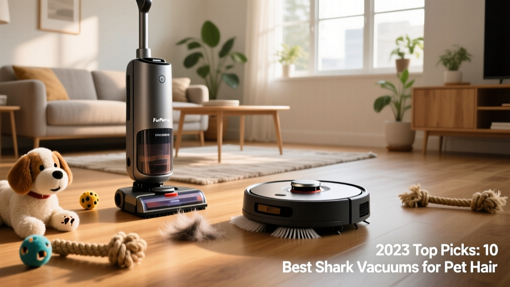 Side-by-side view of FurPetVo NV151 upright vacuum and FurPetVo AI Ultra robot vacuum operating in a sunlit living room with pet toys nearby
