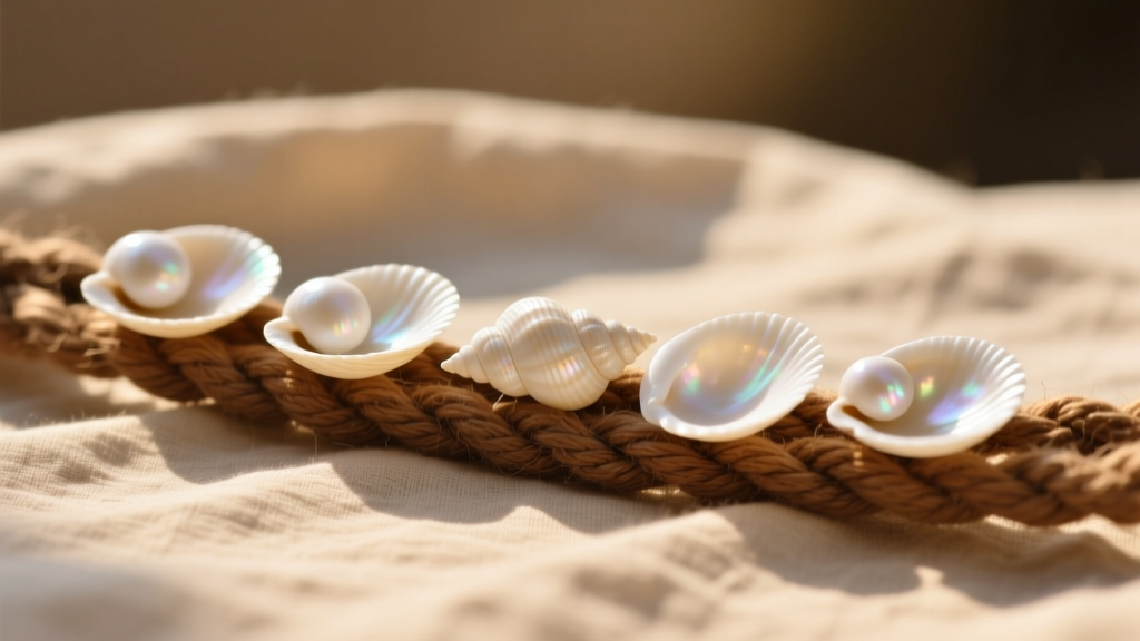 Close-up of layered natural white cowrie shells on braided brown hemp cord resting on sunlit beige linen fabric with soft shadows