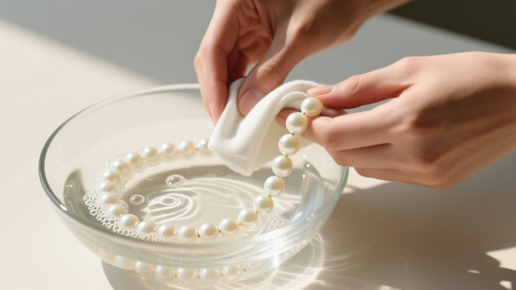 Hands wiping a white beads necklace with a microfiber cloth over a shallow glass bowl of soapy water in bright natural daylight.