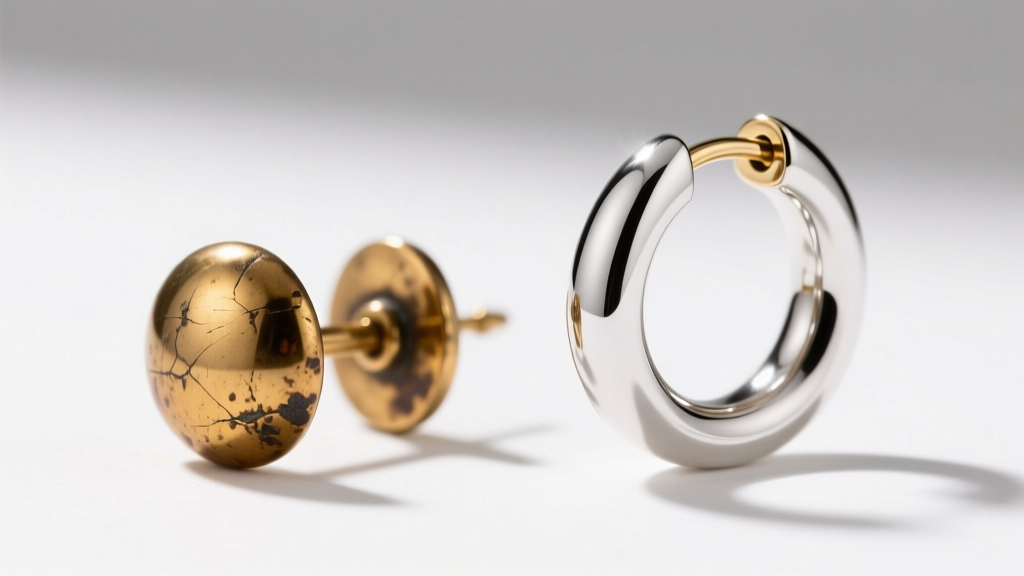 Side-by-side comparison of a tarnished brass earring post and a bright 14k white gold huggie hoop under bright studio lighting.