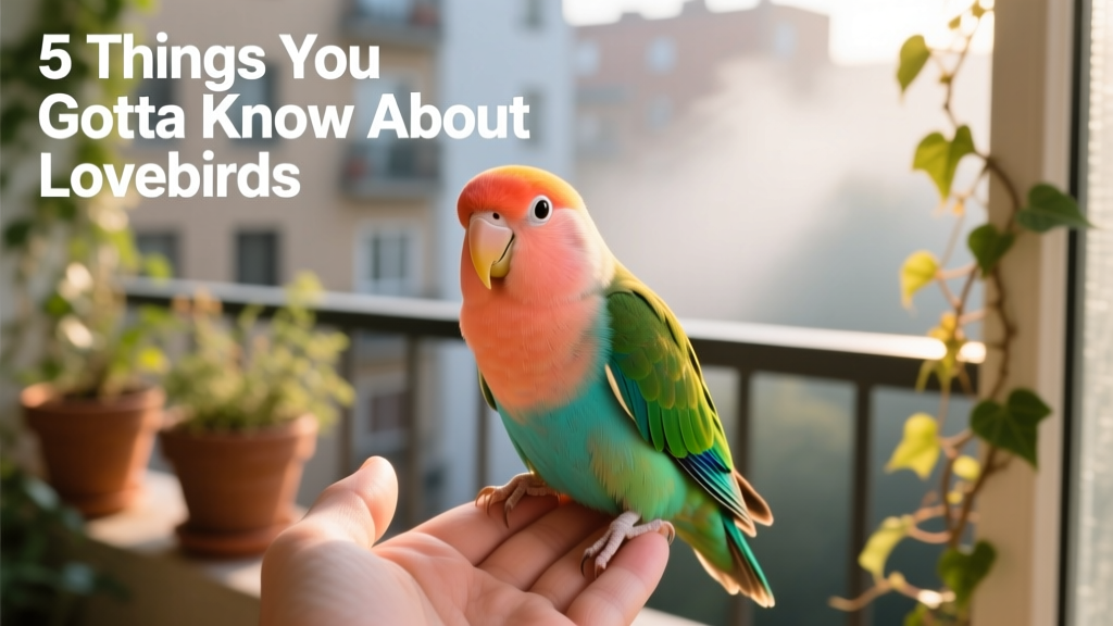 A vibrant peach-faced lovebird perched on a hand, showing its expressive eyes and colorful plumage