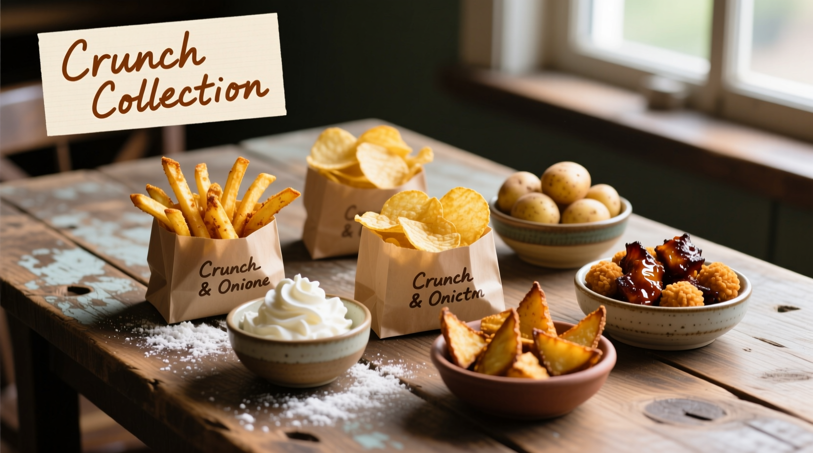 Various potato snack types arranged on wooden table