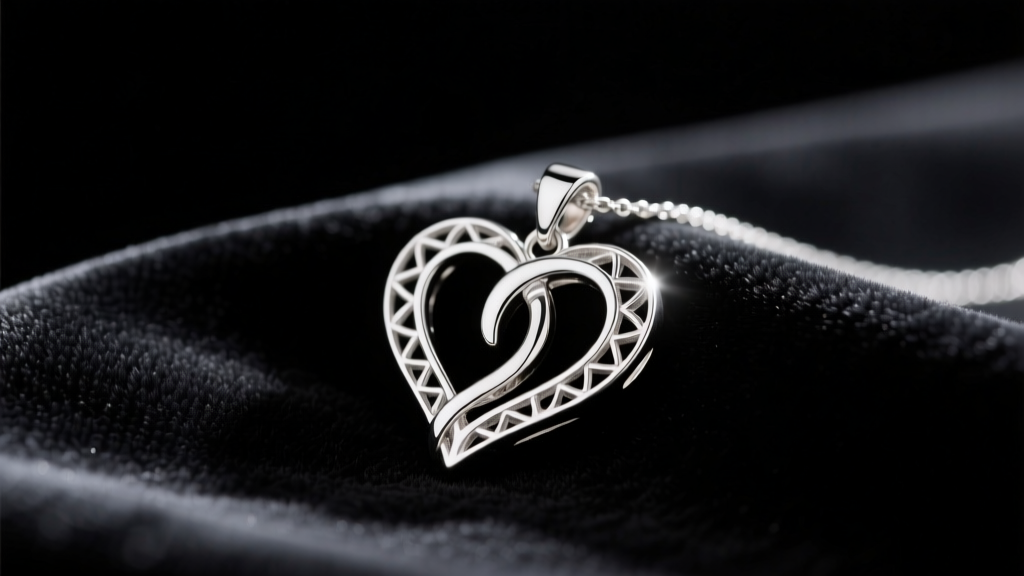 Sterling silver interlocking hearts pendant resting on dark velvet, illuminated by soft warm light next to a message card