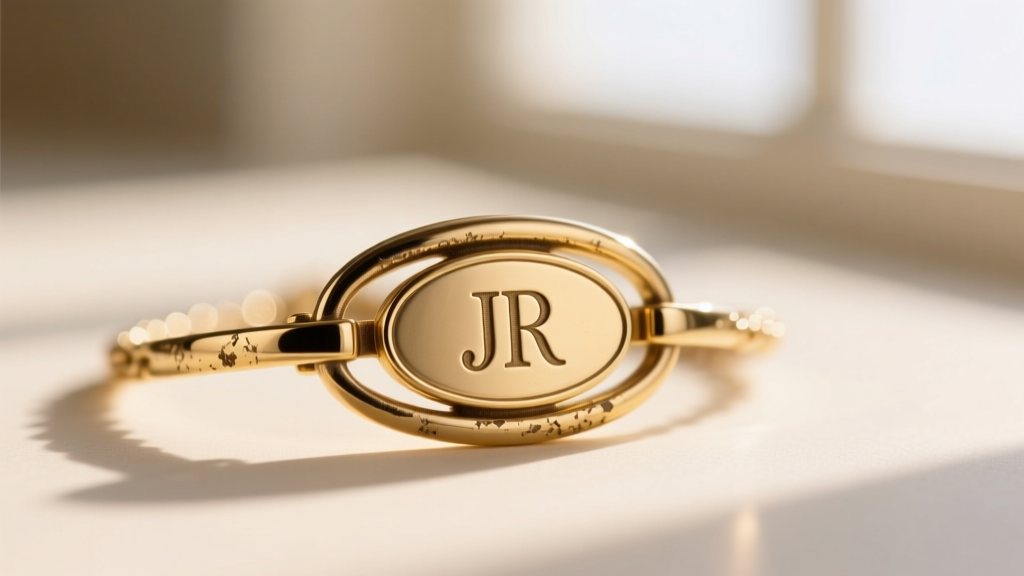 Macro shot of a Joan Rivers necklace clasp showing brass base metal, gold vermeil wear, and an engraved JR signature oval tag.