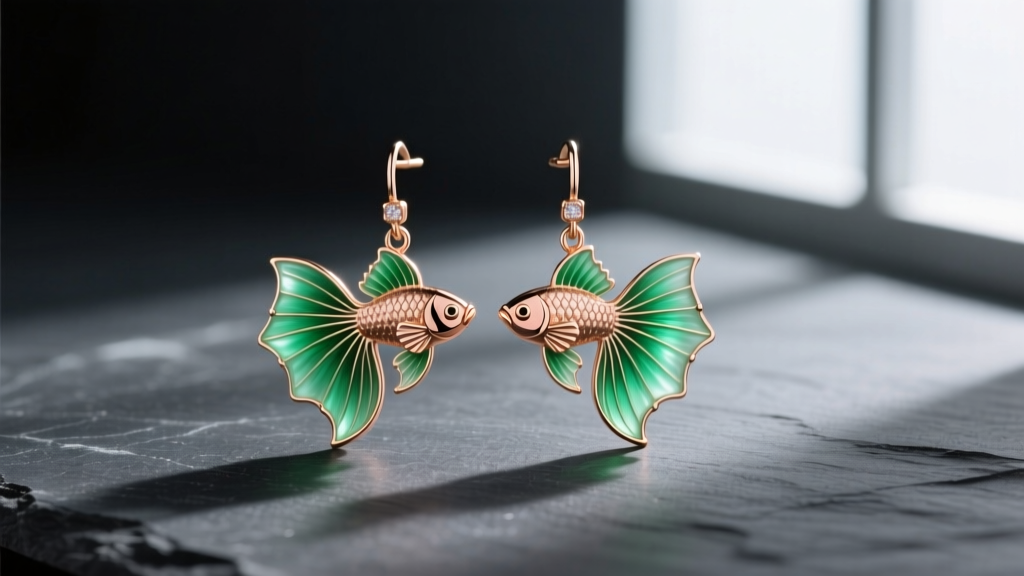 18k rose gold betta fish dangle earrings with translucent green enamel fins, photographed against a dark grey slate background.