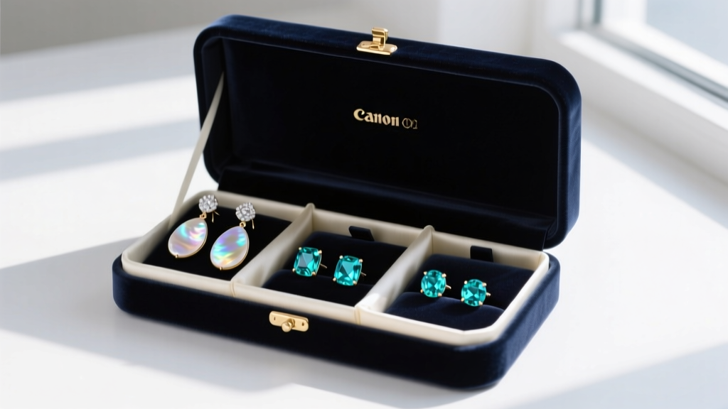 Open velvet jewelry box displaying iridescent mother-of-pearl drop earrings and aquamarine studs, separated by silk dividers
