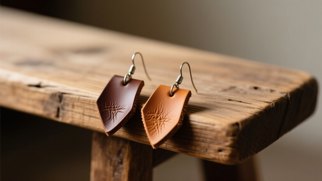 Close-up of vegetable-tanned leather for leather earrings resting on a rustic wooden bench under soft, warm studio lighting