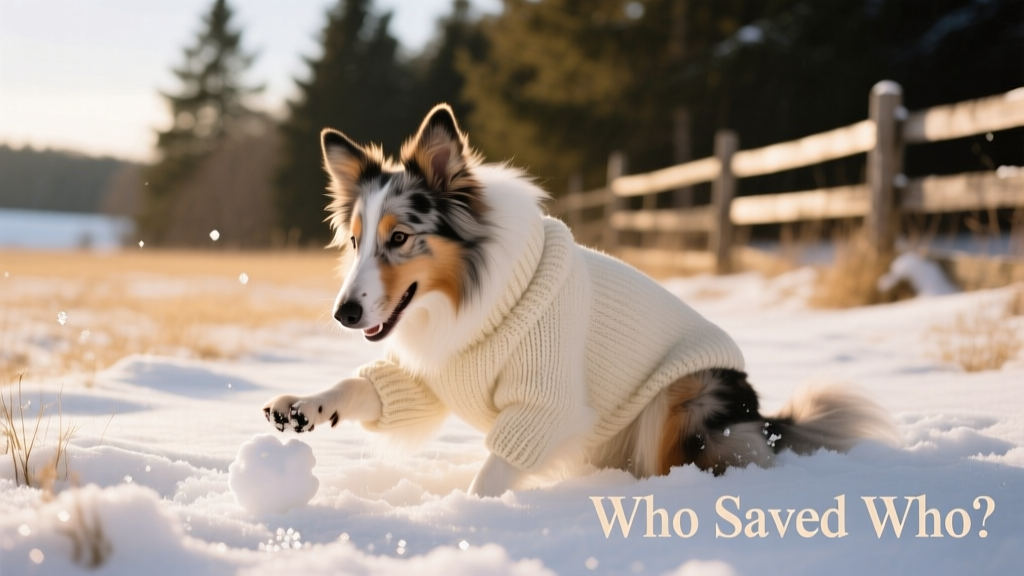 Blind collie with sweater plays with snow