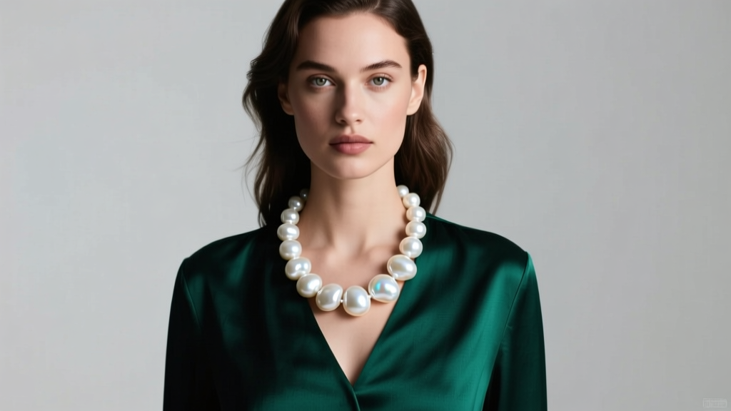Model wearing 20mm baroque pearl chunky white bead necklace against dark emerald silk blouse, soft studio lighting, front angle