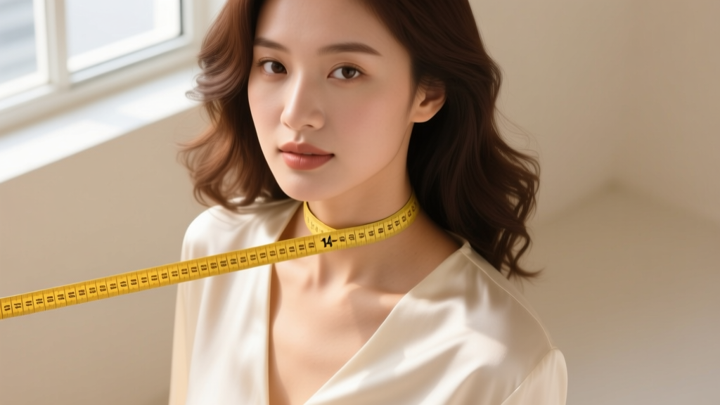Overhead view of a woman using a soft yellow measuring tape around her neck to determine the exact fit for a 14-inch choker