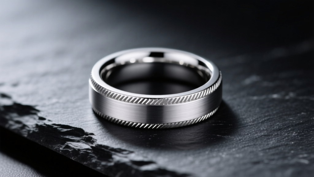 Macro shot of a raw platinum ring on dark slate, showing its dense grey luster and crisp milled edges under studio light