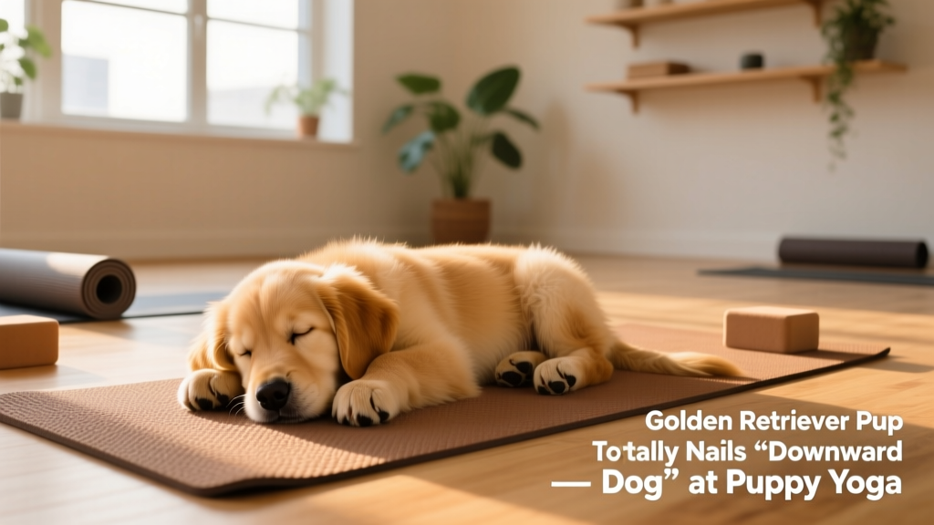 Golden Retriever puppy resting peacefully on a yoga mat after a playful session, paws tucked and eyes half-closed