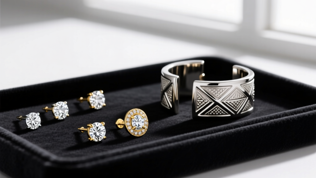 Flat lay of mismatched 14k white gold diamond studs and a chunky silver ear cuff on a dark velvet jewelry display tray