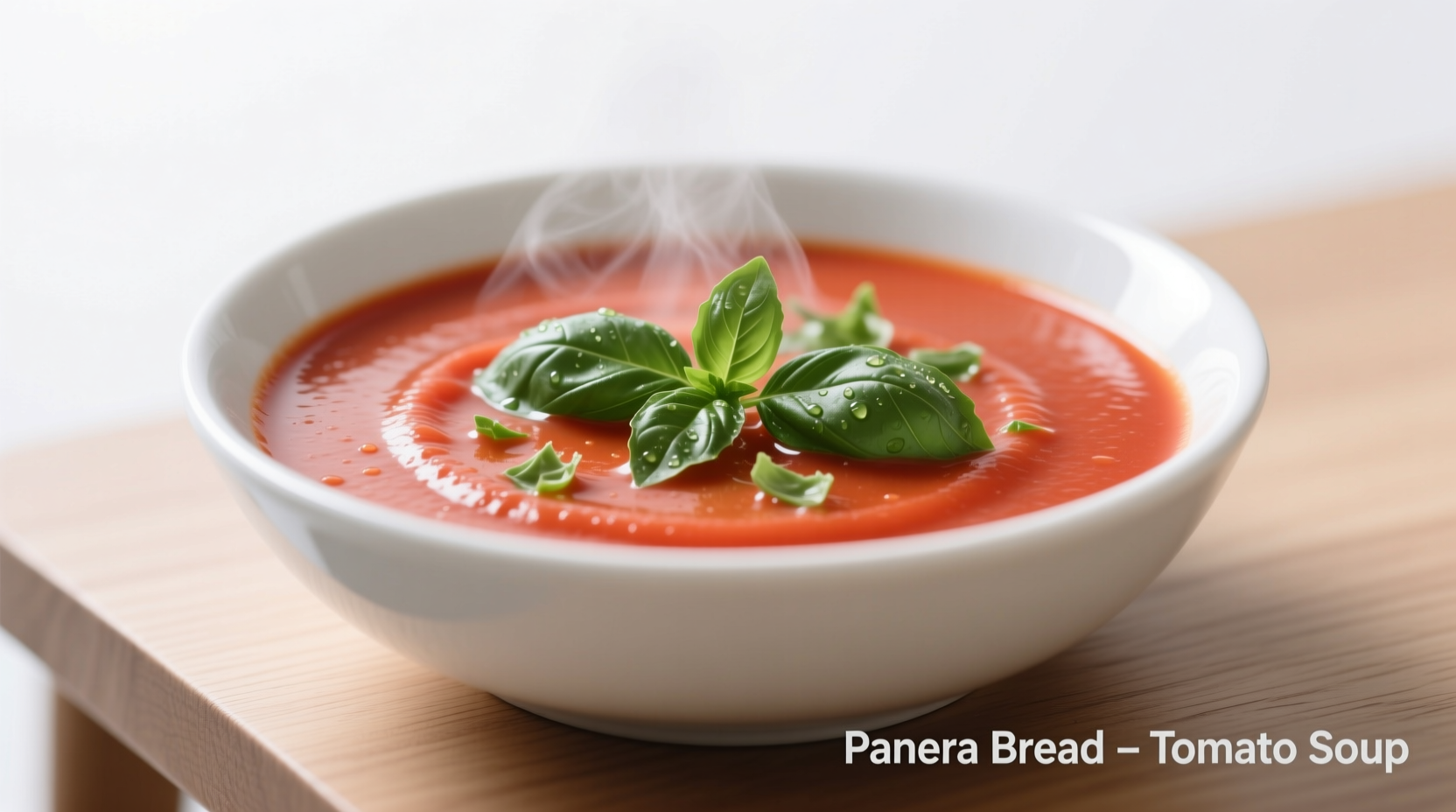 Panera tomato soup in white bowl with fresh basil garnish
