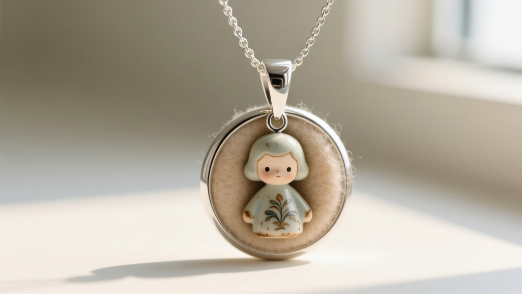 Macro shot of a sterling silver necklace bail lined with soft felt, securing a heavy ceramic doll pendant to prevent scratching.