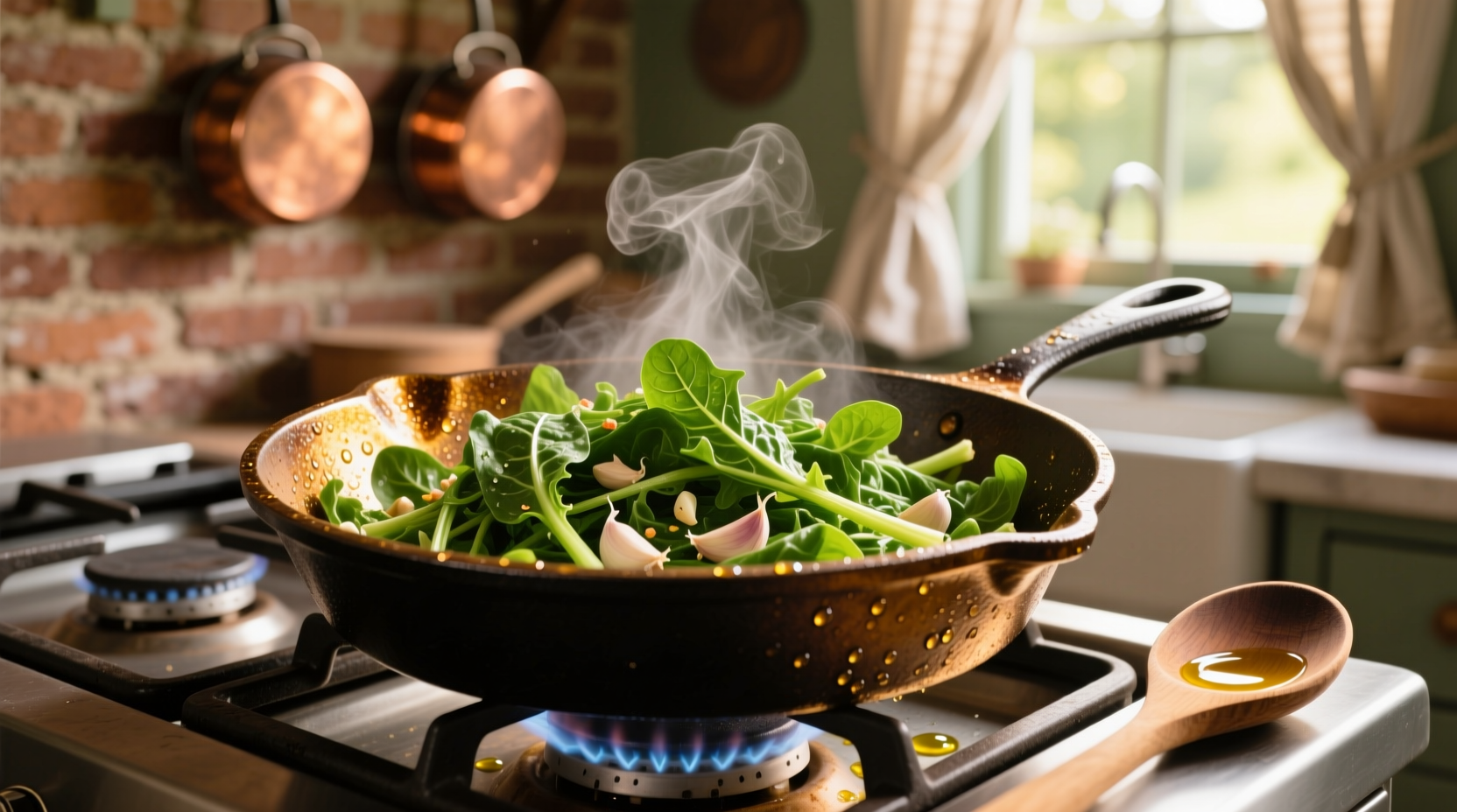 Fresh dandelion greens being sautéed in a cast iron skillet