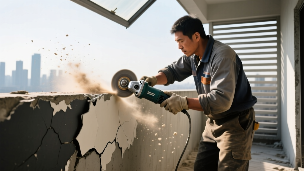 Worker grinding peeling elastomeric waterproofing deck coating material off a cracked concrete balcony with a diamond cup wheel