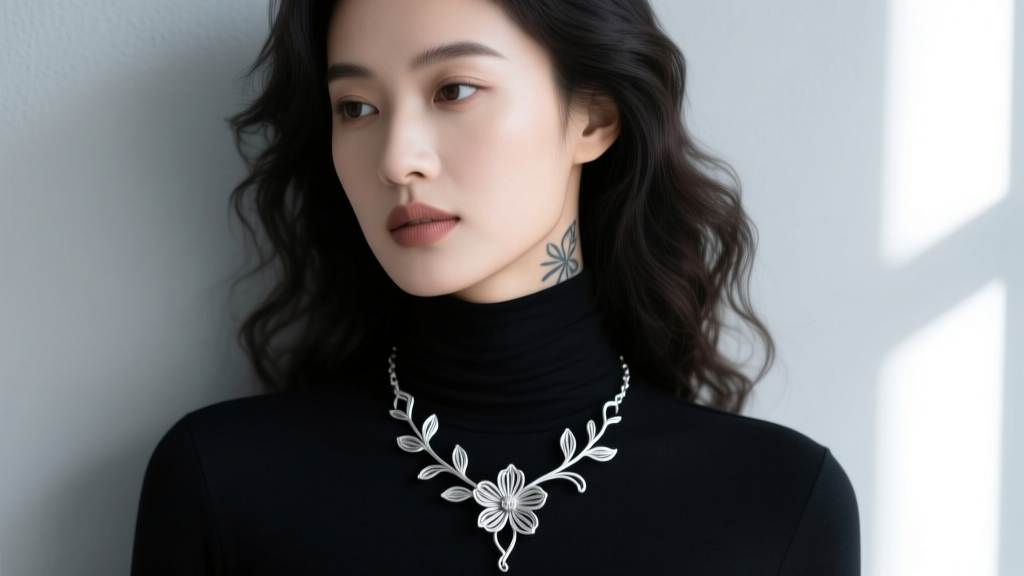 Model wearing a thin sterling silver floral wire necklace over a black turtleneck, highlighting a delicate faux-tattoo aesthetic.
