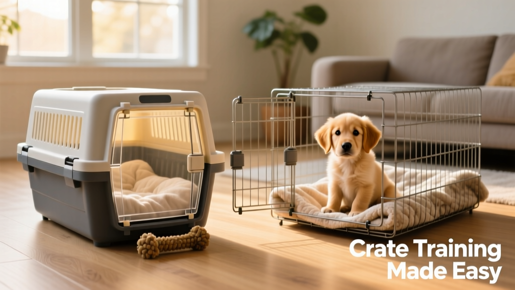 Side-by-side comparison of a plastic crate and a wire crate, both set up with bedding
