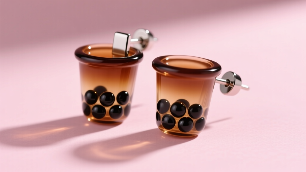 Boba tea earrings with brown resin cups, black glass tapioca pearls, and titanium posts resting on a soft pastel pink background.