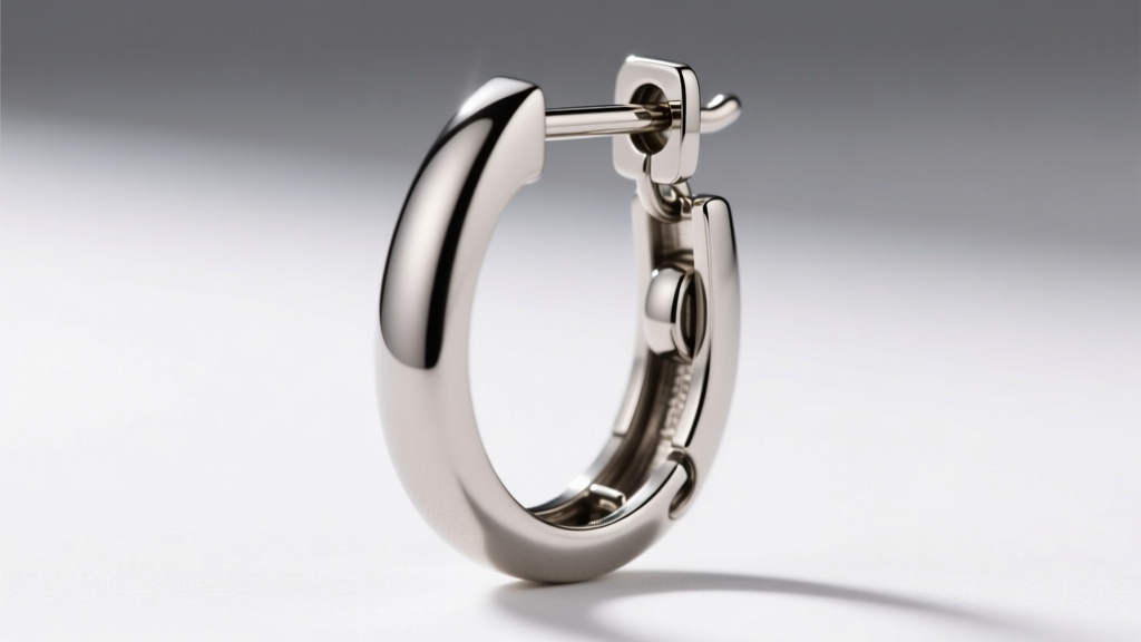 Macro shot of a titanium long drop earring for men, highlighting the secure leverback clasp mechanism under clean studio lighting
