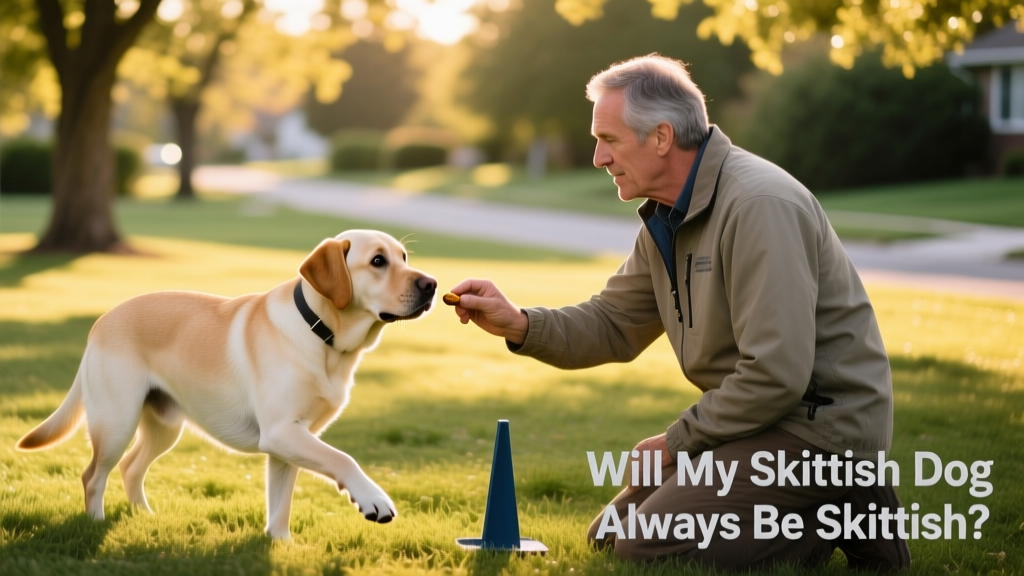 A trainer calmly offering a treat to a hesitant dog during a low-stimulus outdoor session