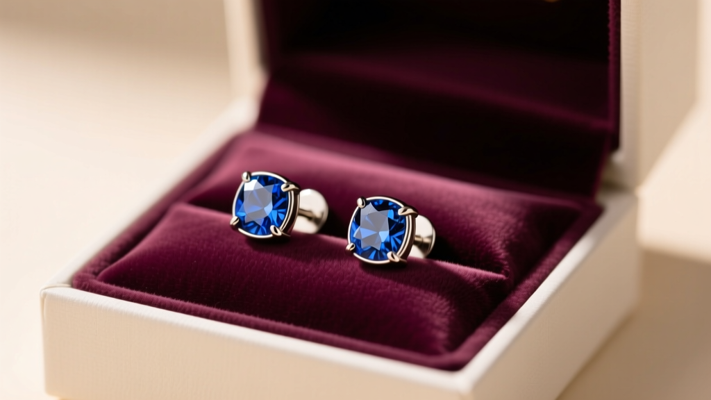 Gift box revealing ASTM F136 titanium stud earrings with bezel-set sapphires on a velvet cushion under soft, warm studio lighting