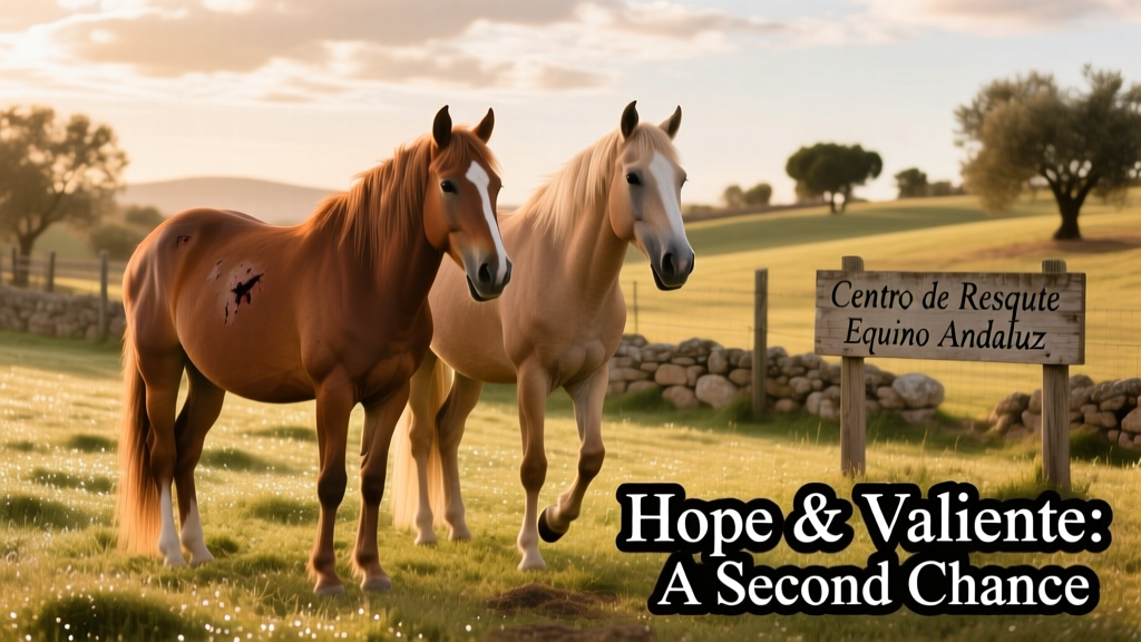 Hope and Valiente, two rescued ponies standing side by side in a sunlit paddock at the Andalusian Rescue Centre for Horses in Spain