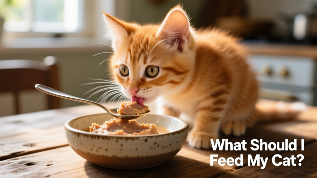 Close-up of a playful kitten eating from a shallow ceramic bowl filled with soft, grain-free kitten pate
