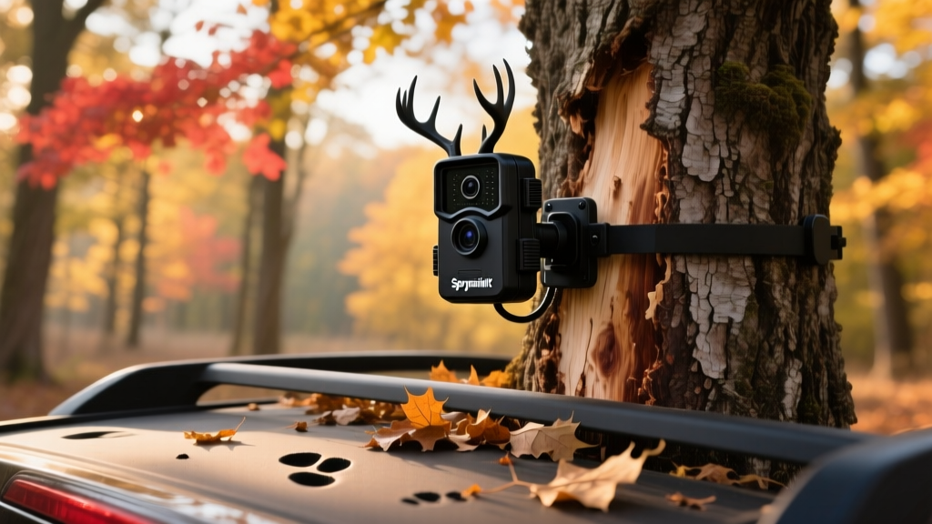 Spypoint cellular trail camera securely strapped to a mature oak tree capturing a fresh buck rub in autumn hardwoods