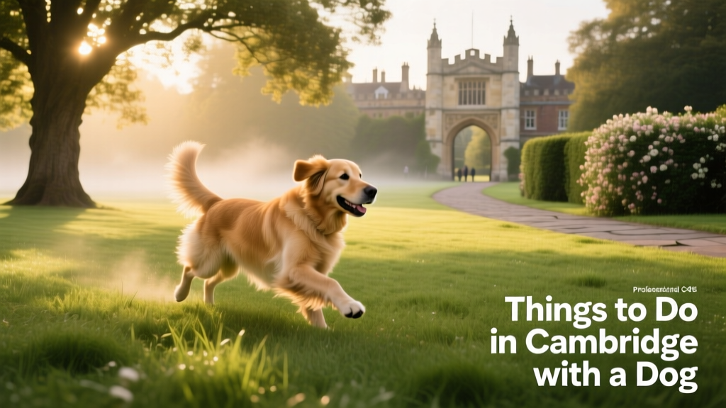 A dog running freely across lush grass in a sun-dappled Cambridge park