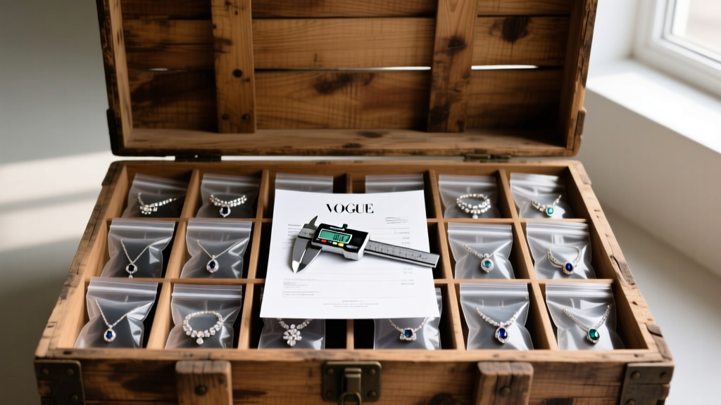 A wooden shipping crate opened to reveal neatly organized polybags of fashion jewelry, with a digital caliper and invoice on top.