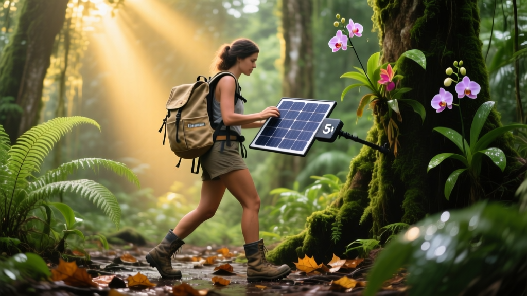 Female traveler hiking through a lush Costa Rican rainforest adjusting a BioLite SolarPanel 5+ strapped to her recycled canvas backpack