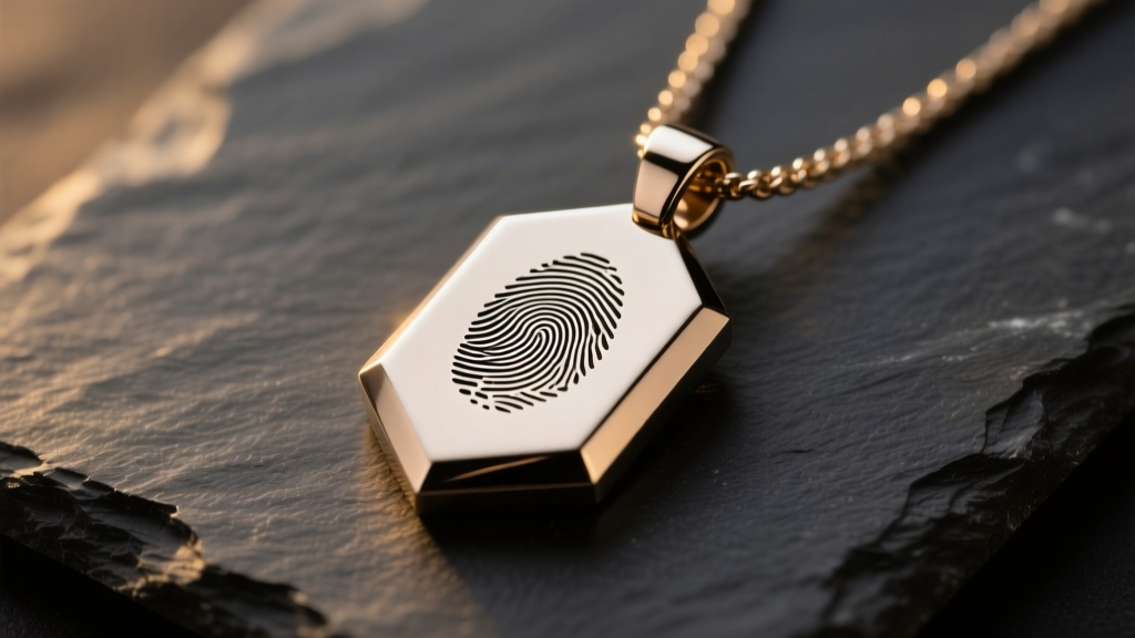 Brushed titanium urn pendant with laser-engraved fingerprint resting on dark slate under warm directional studio lighting setup.