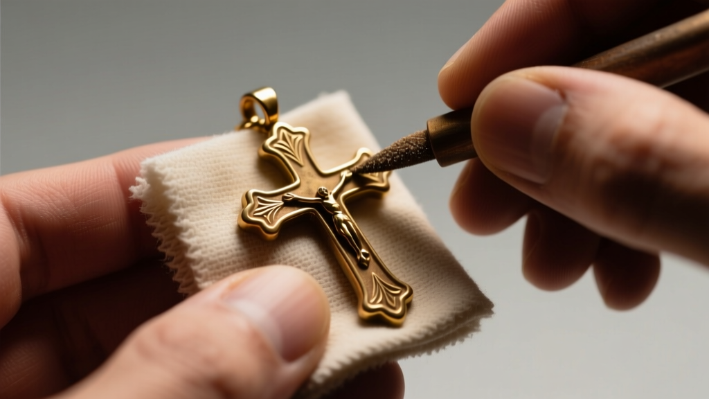 Hands polishing a tarnished brass cross pendant with a soft cloth and mild abrasive paste under warm, directional studio lighting.