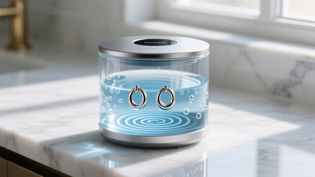 An ultrasonic jewelry cleaner with a pair of titanium huggie earrings submerged in water, showing gentle cleaning vibrations.