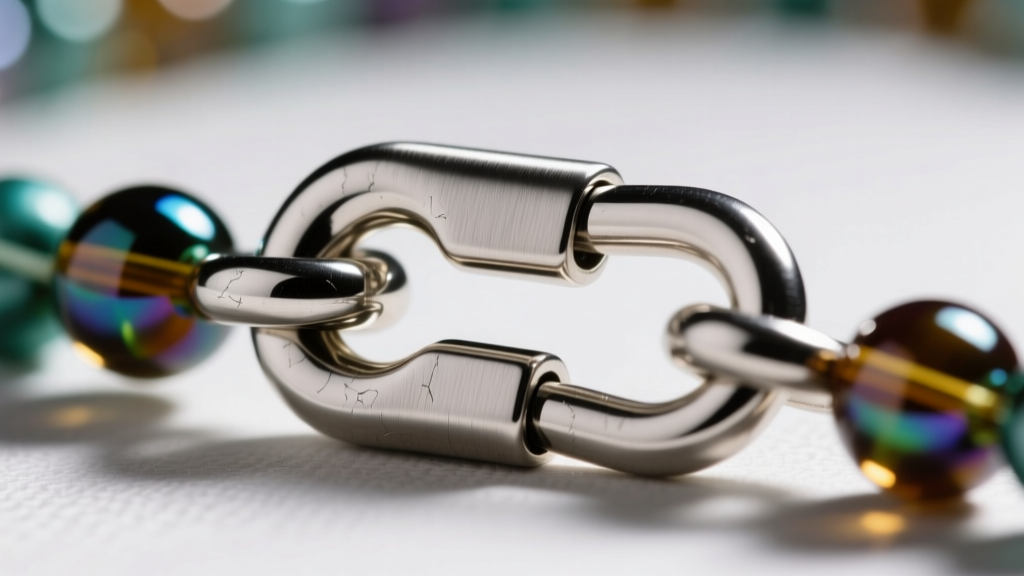 Detailed view of a beaded ball chain clasp connection, showing the crimped link loop entering a stainless steel lobster clasp.