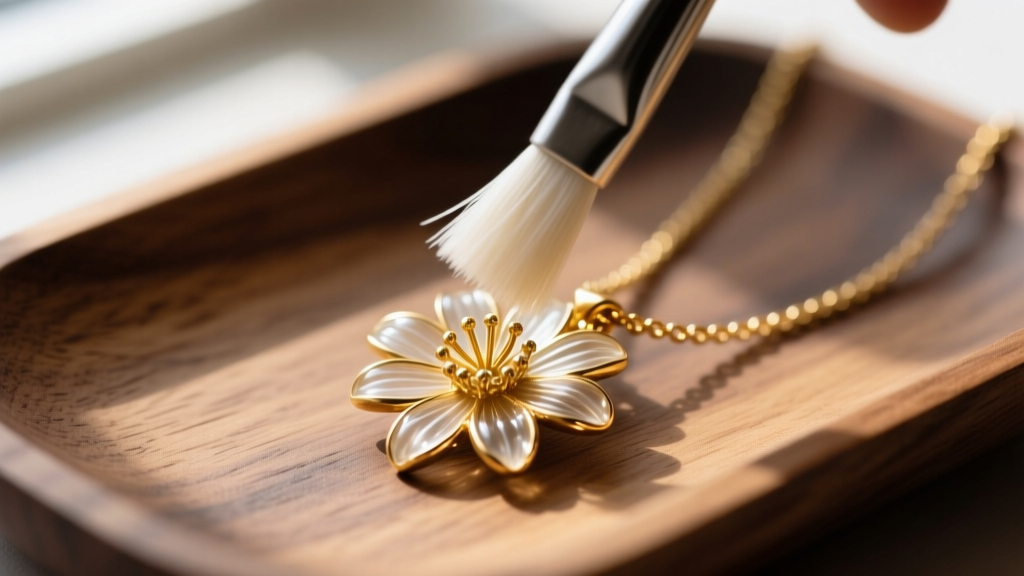 Fiberglass brush cleaning the stamen detail of a gold-plated daisy necklace pendant resting on a wooden jeweler