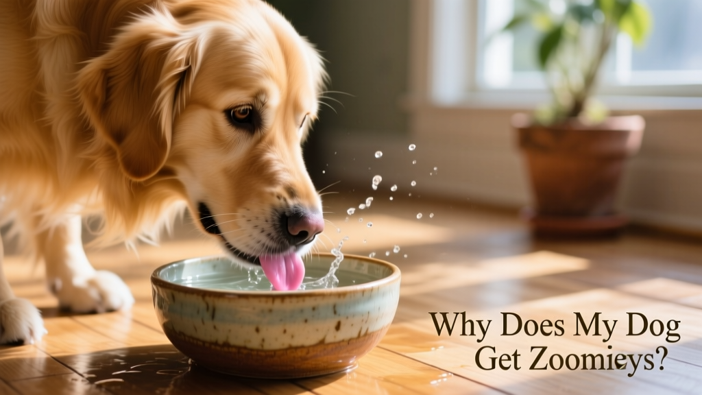Close-up of a dog drinking from a ceramic bowl filled with fresh water, tongue lapping gently