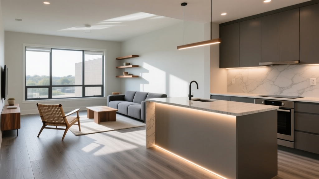 Modern open-concept UT student apartment living room featuring durable grey oak SPC luxury vinyl plank flooring and a kitchen island