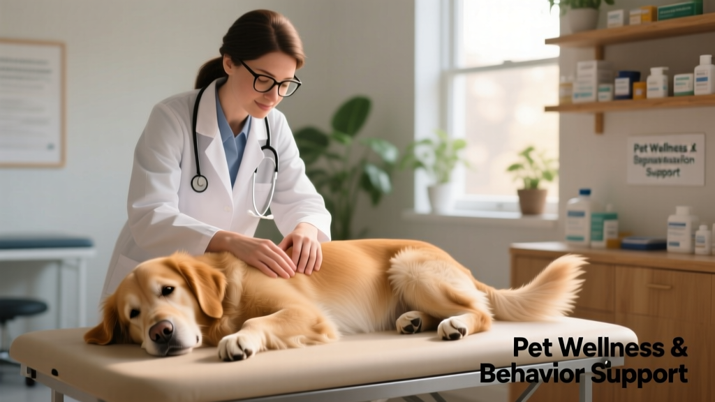 A veterinarian gently examining a relaxed dog during a wellness check, with soft lighting and calm surroundings