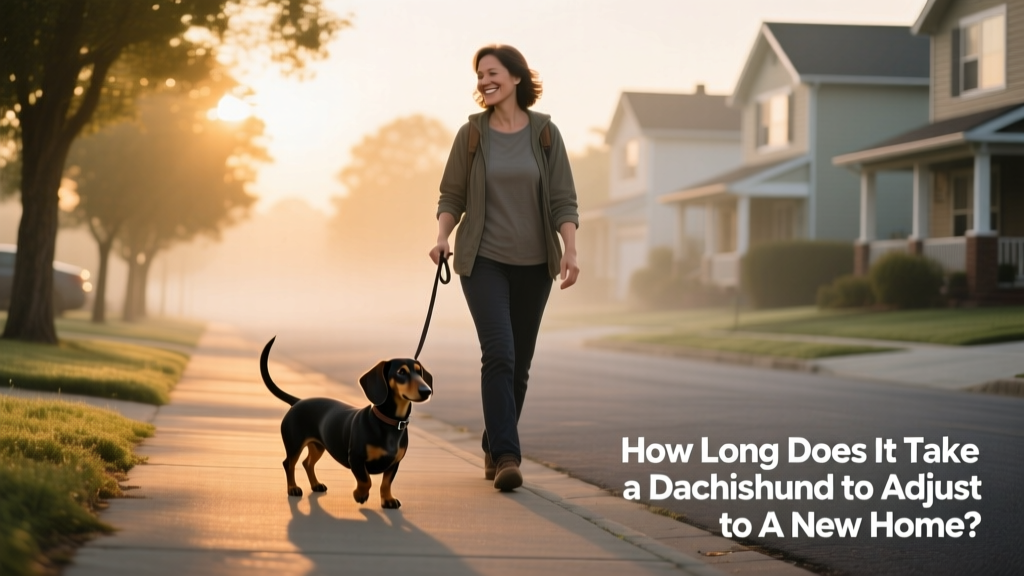 A dachshund walking on a leash beside their owner on a quiet neighborhood street at sunrise