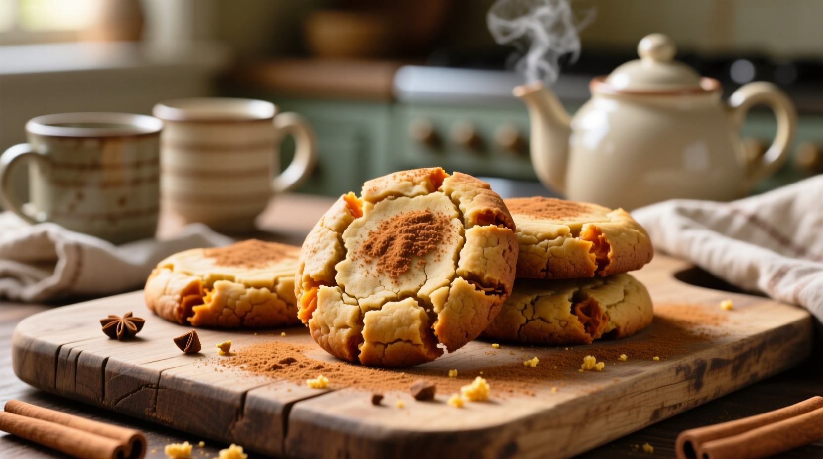 Golden brown sweet potato cookies with cinnamon dusting