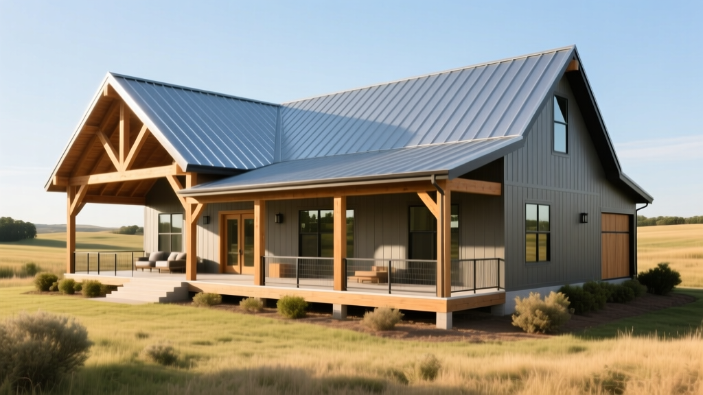 Wide shot of a newly constructed post-frame barndominium with a standing seam metal roof, large wrap-around porch, and exposed wooden trusses