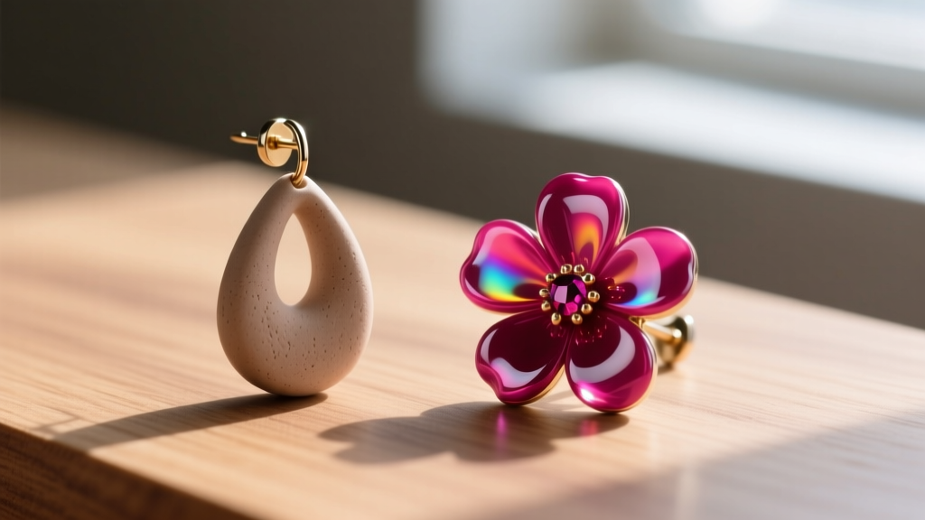 Macro shot of a matte air-dry clay teardrop earring next to a glossy UV-resin polymer clay floral stud on a light wooden surface.