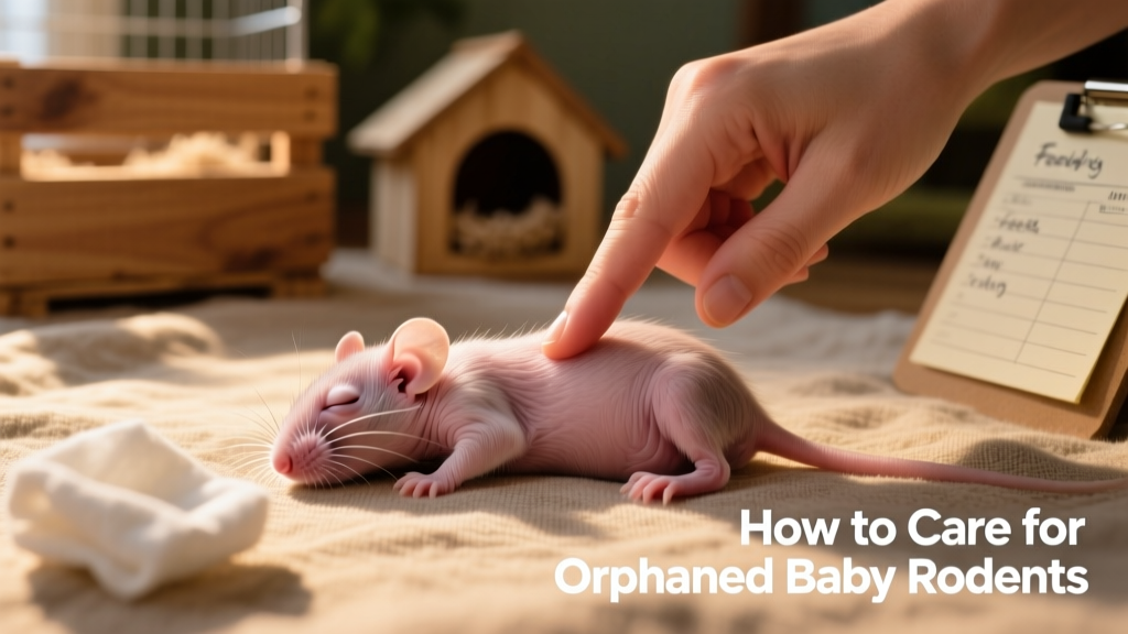 Close-up of a caregiver’s finger gently stimulating a baby rat’s lower abdomen with a soft, damp cloth nearby