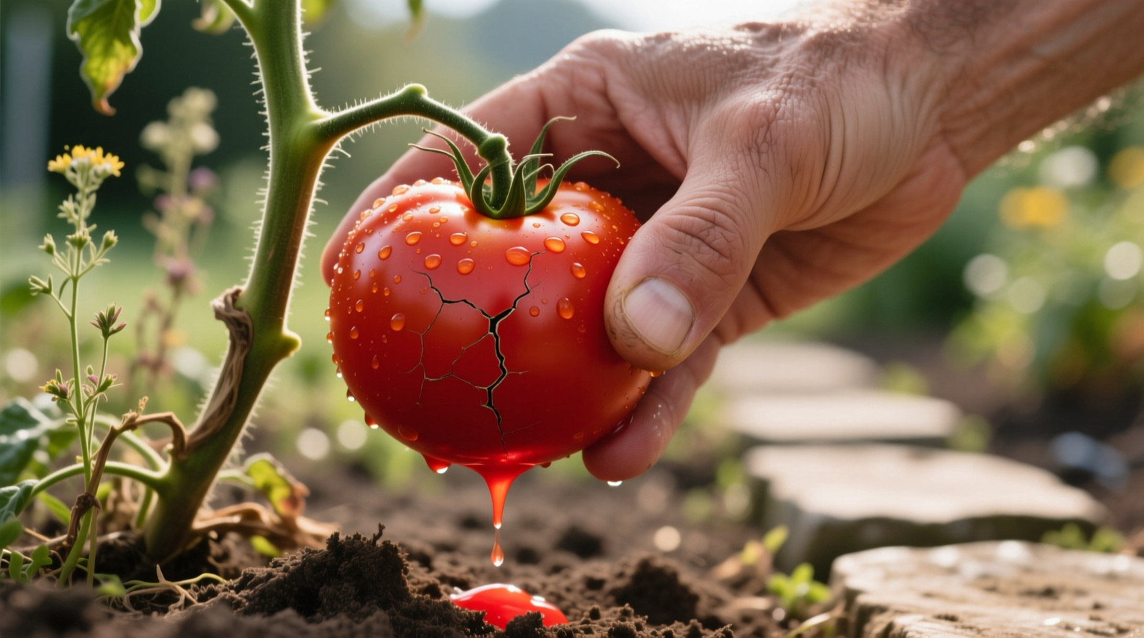 Hand gently squeezing ripe red tomato on vine